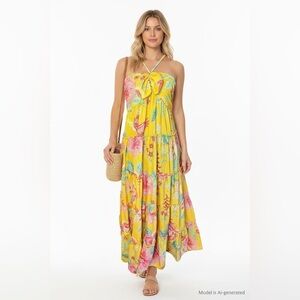 Yellow Floral Halter Tiered Midi Dress M/L Boho Resort Vacation Sundress